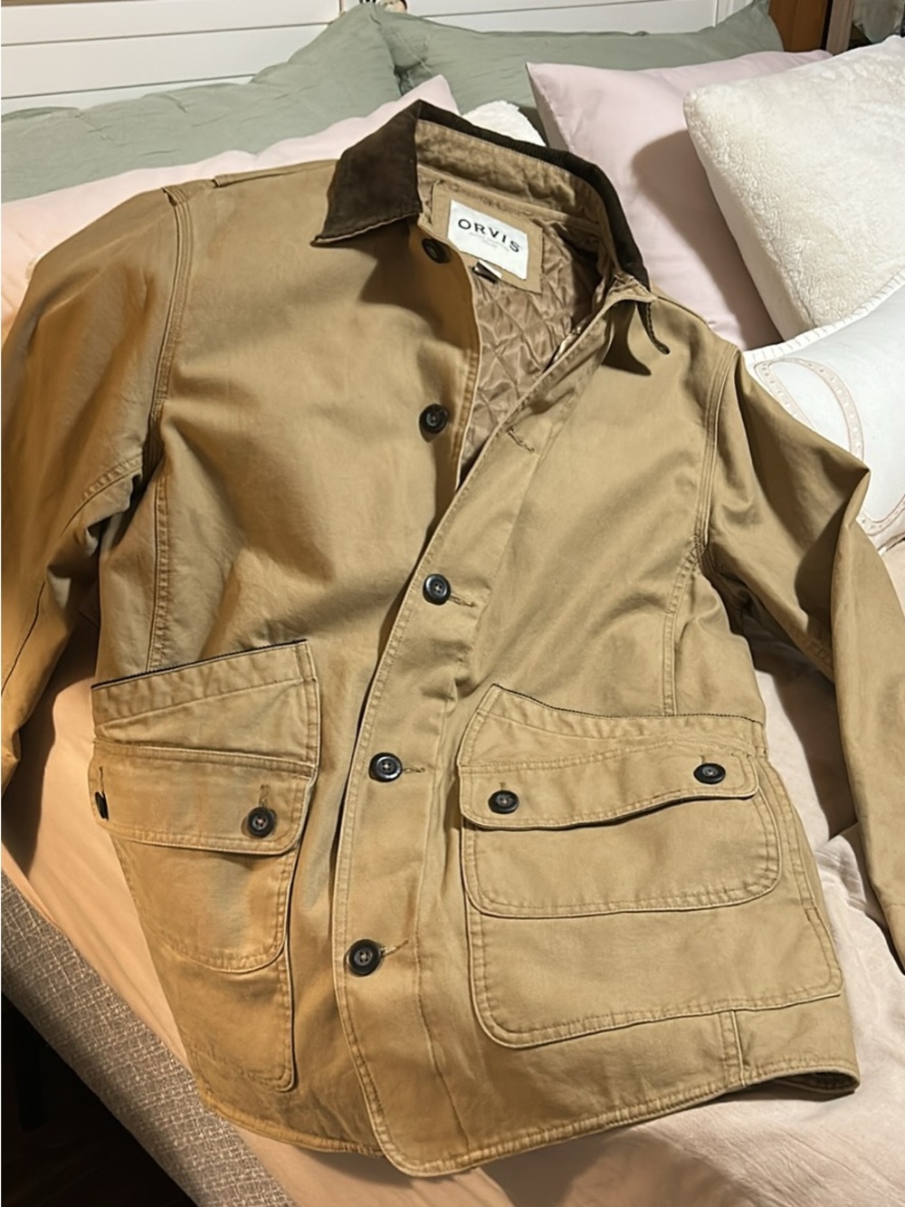 Orvis Men's Tan Barn Jacket with Corduroy Collar and sleeves size medium.